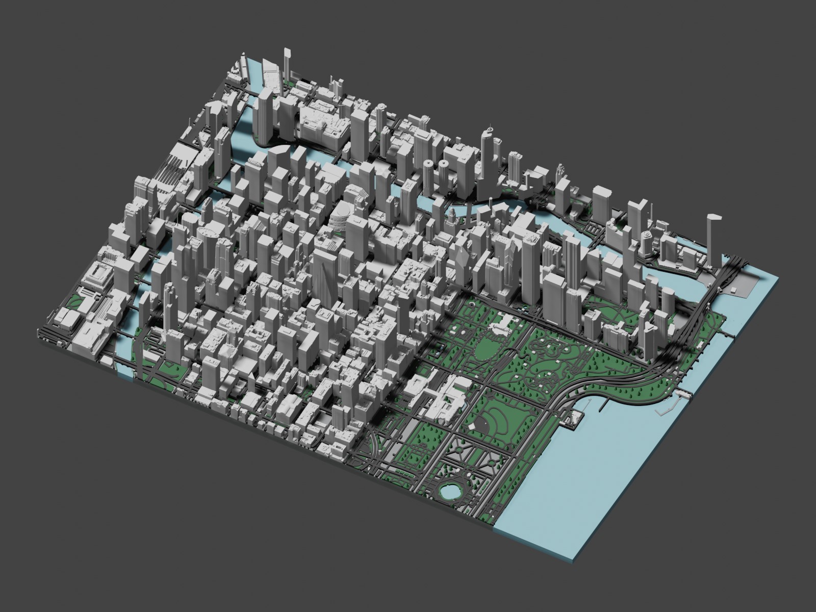 Complete Chicago map model rendered in Blender, showing downtown skyscrapers, the river, and lakefront parks