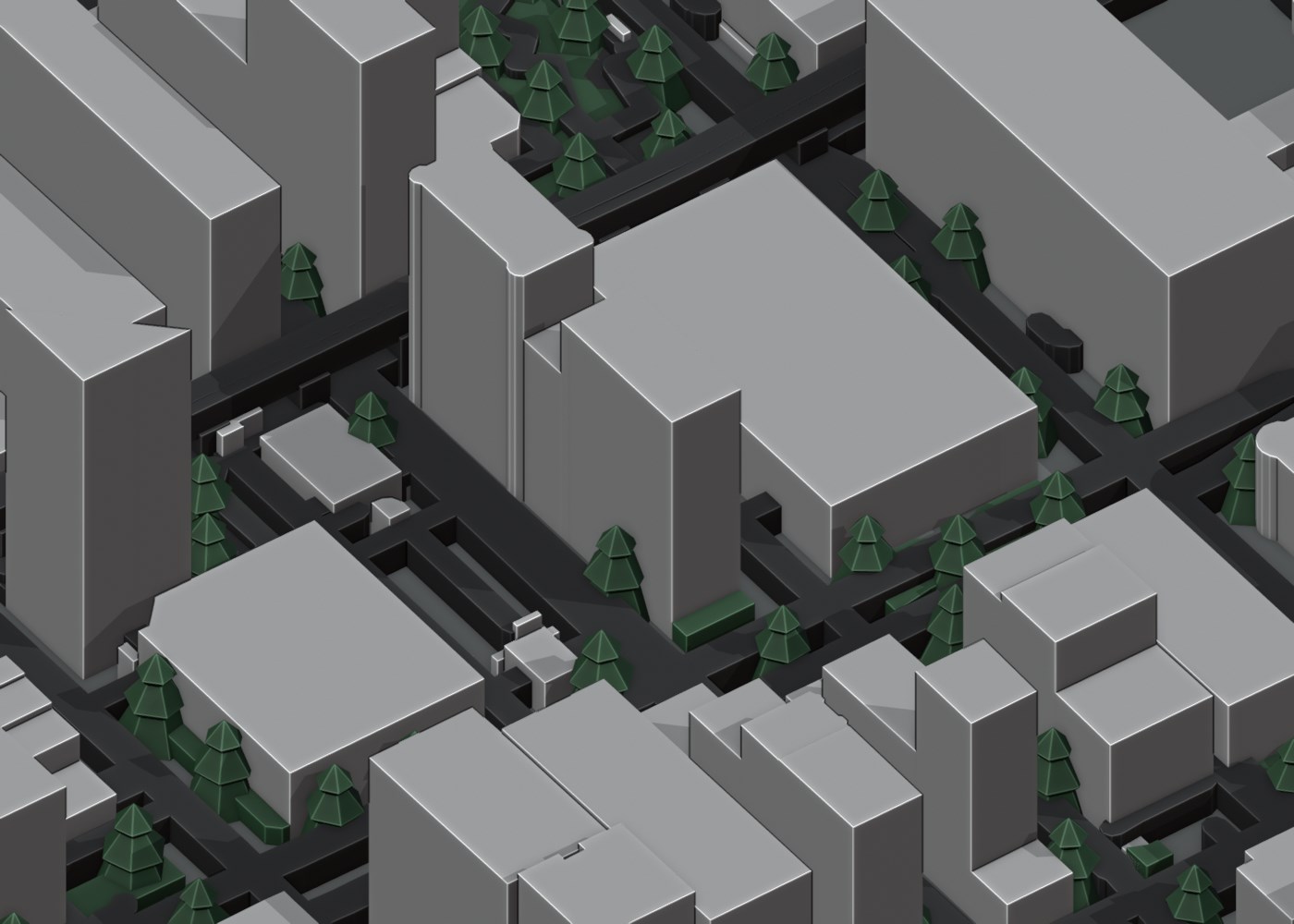 Close-up of generated buildings, roads, and trees in Chicago