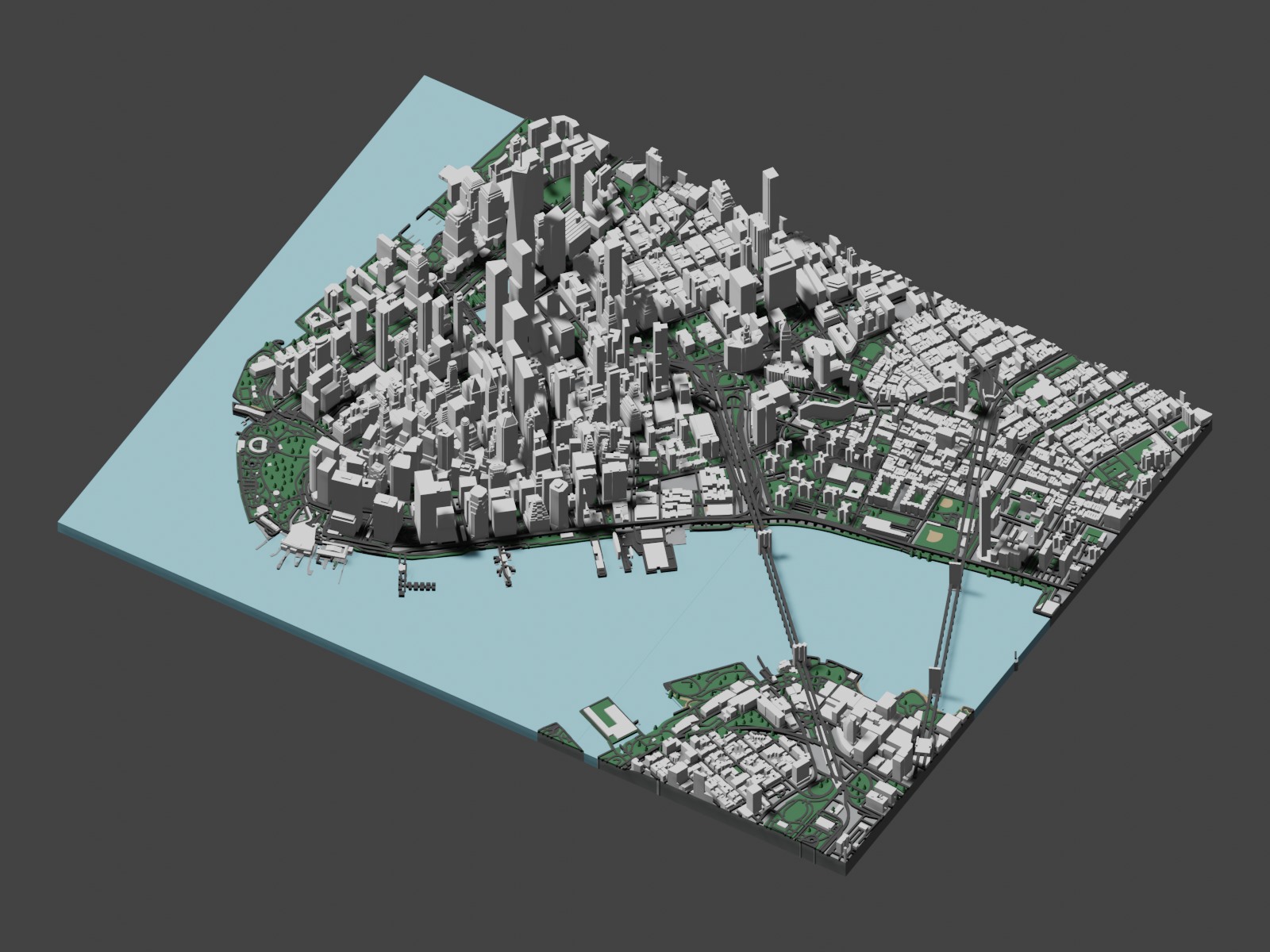 Complete Lower Manhattan model rendered in Blender, with dense downtown towers, waterfront parks, and bridges across the East River
