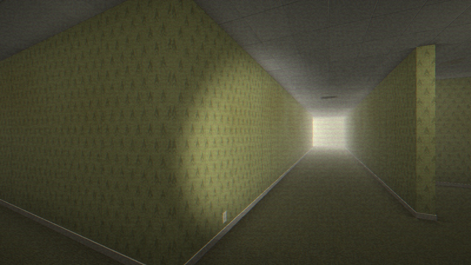 Flashlight illuminating a yellow corridor in Backrooms Simulator