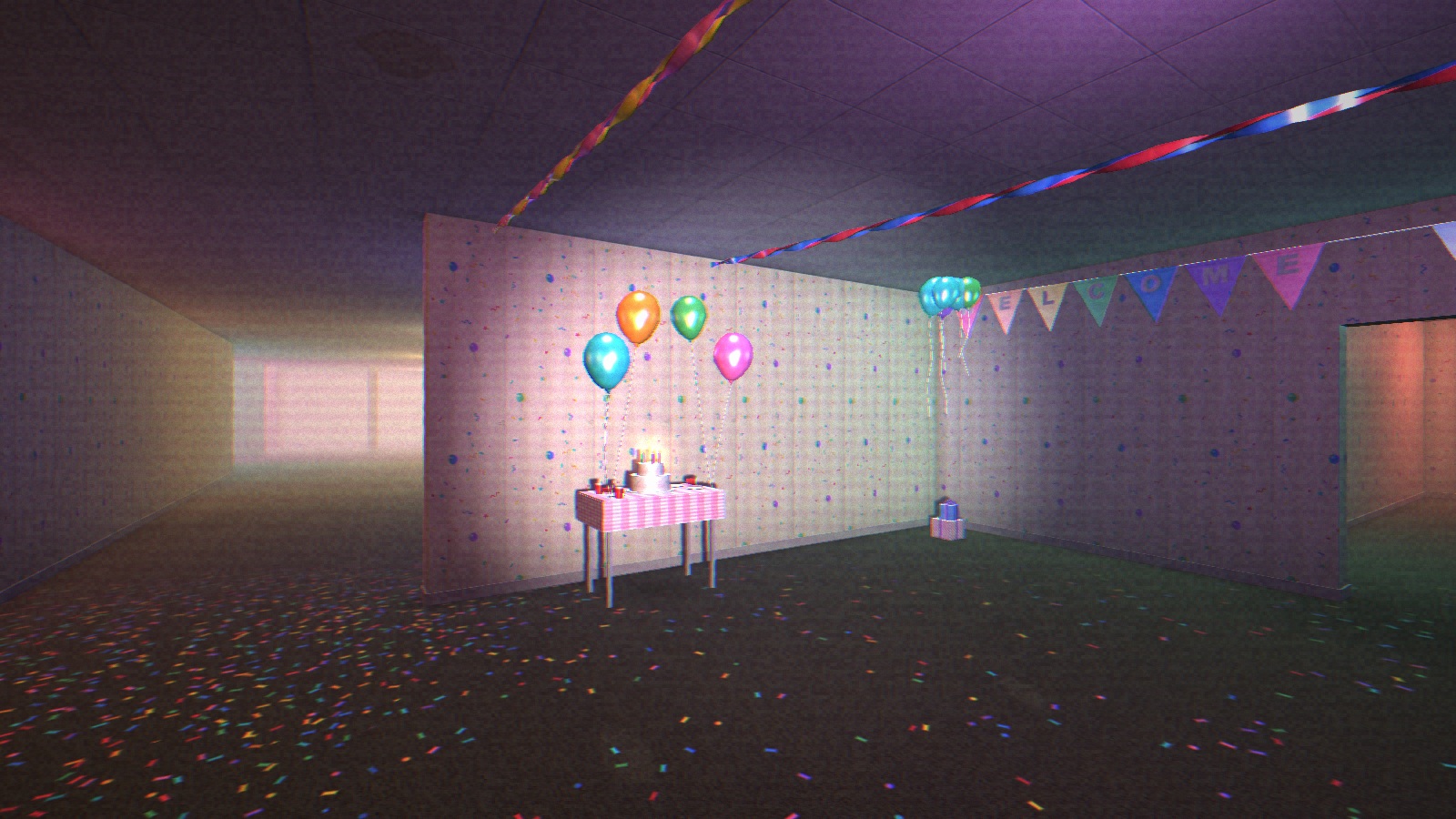 Level Fun in progress: flashlight illuminating a birthday cake, balloons, and presents