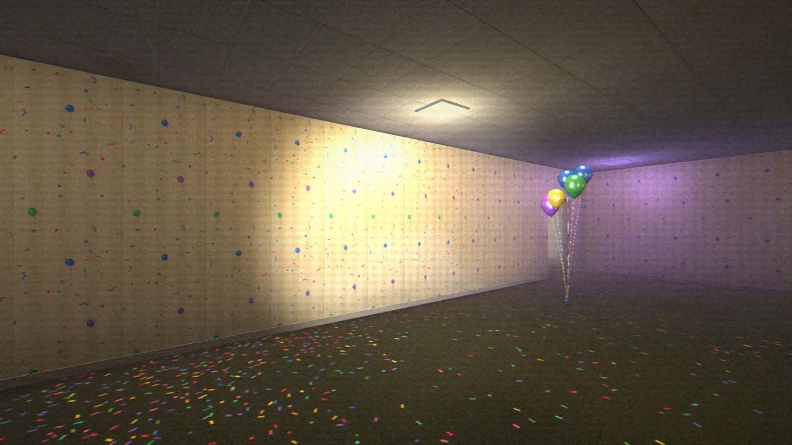 Level Fun in progress: colorful corridors with confetti, balloons, and the flashlight on
