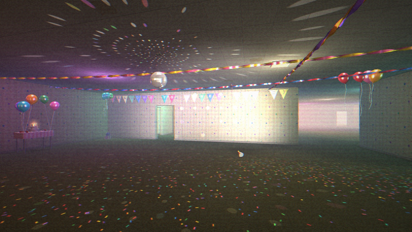 Level Fun in progress: party room with a welcome banner, streamers, balloons, and a disco ball, lit by the flashlight