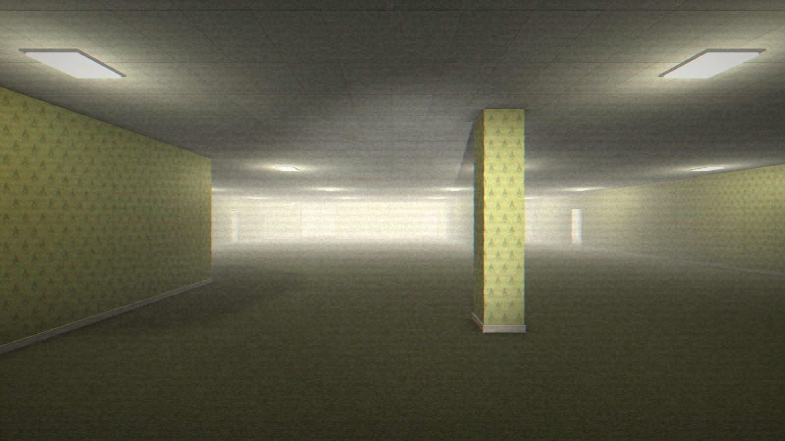 Fluorescent-lit open rooms and pillars with the flashlight on