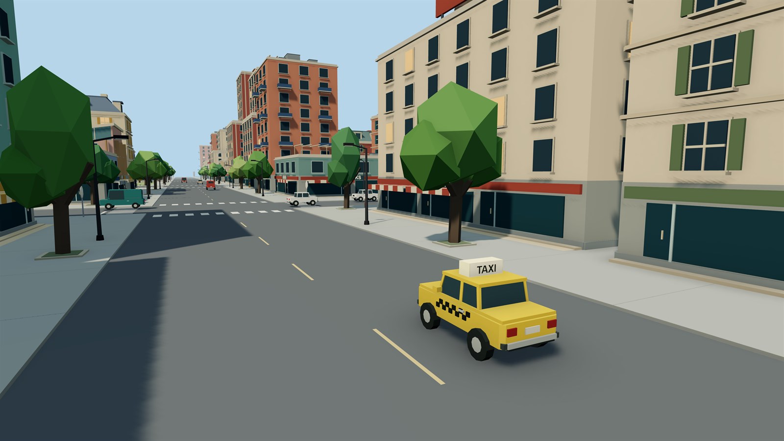 Yellow taxi driving along a tree-lined city boulevard