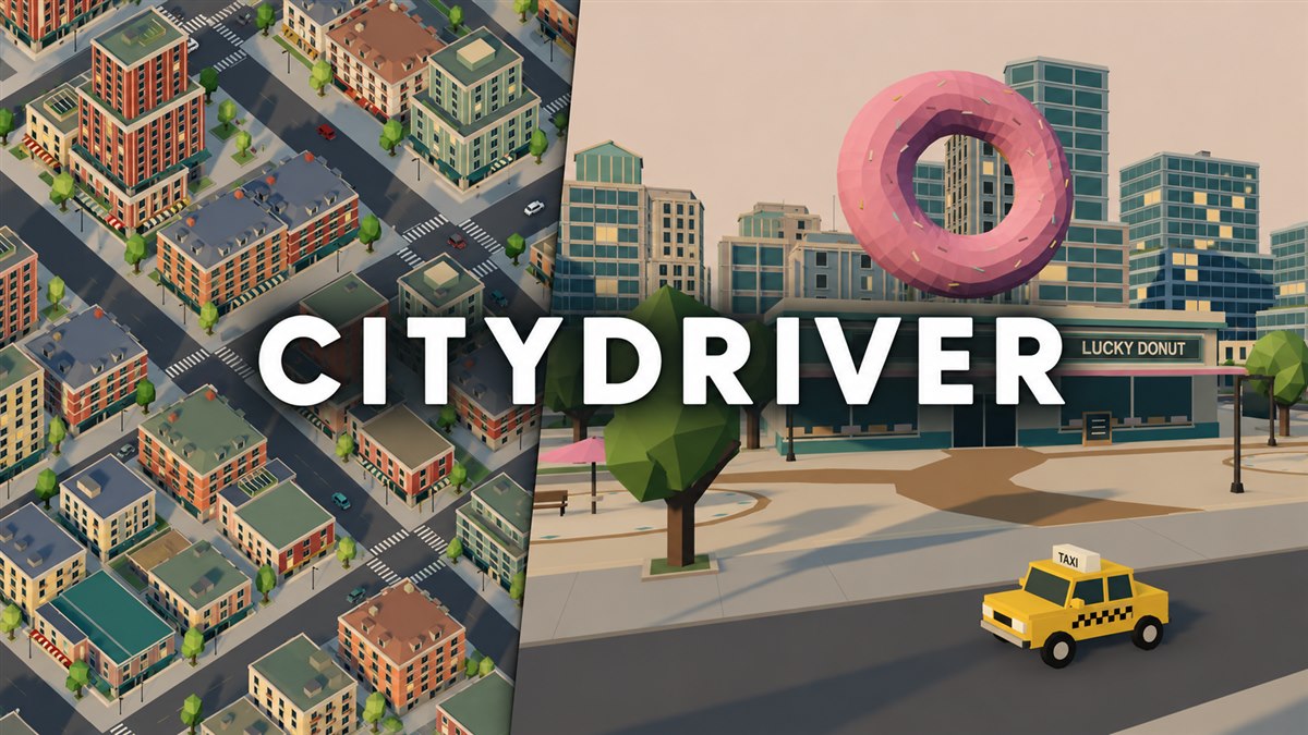 Citydriver city overview and a yellow taxi outside Lucky Donut