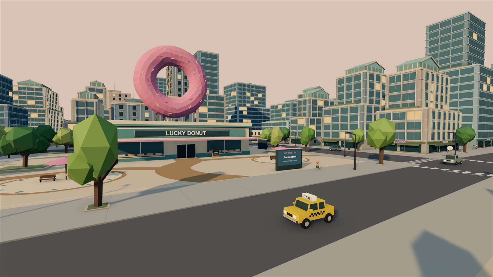 Yellow taxi outside Lucky Donut