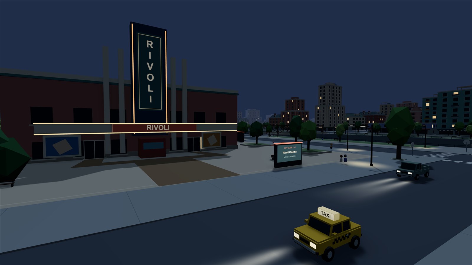 Taxi outside the Rivoli cinema at night