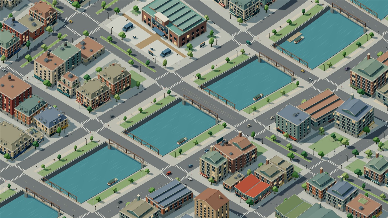 City streets and bridges along the river