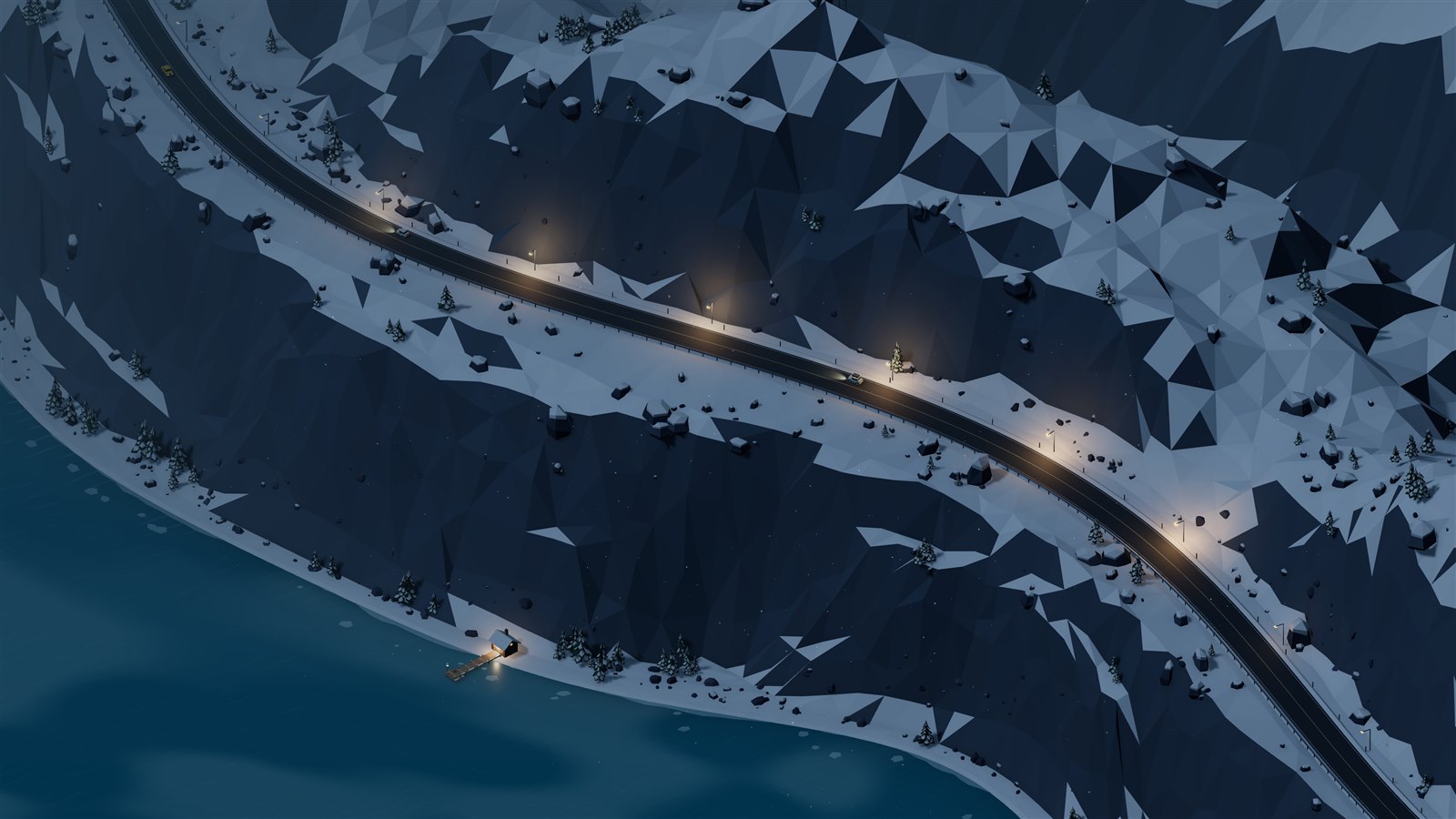 Snowy alpine road at night