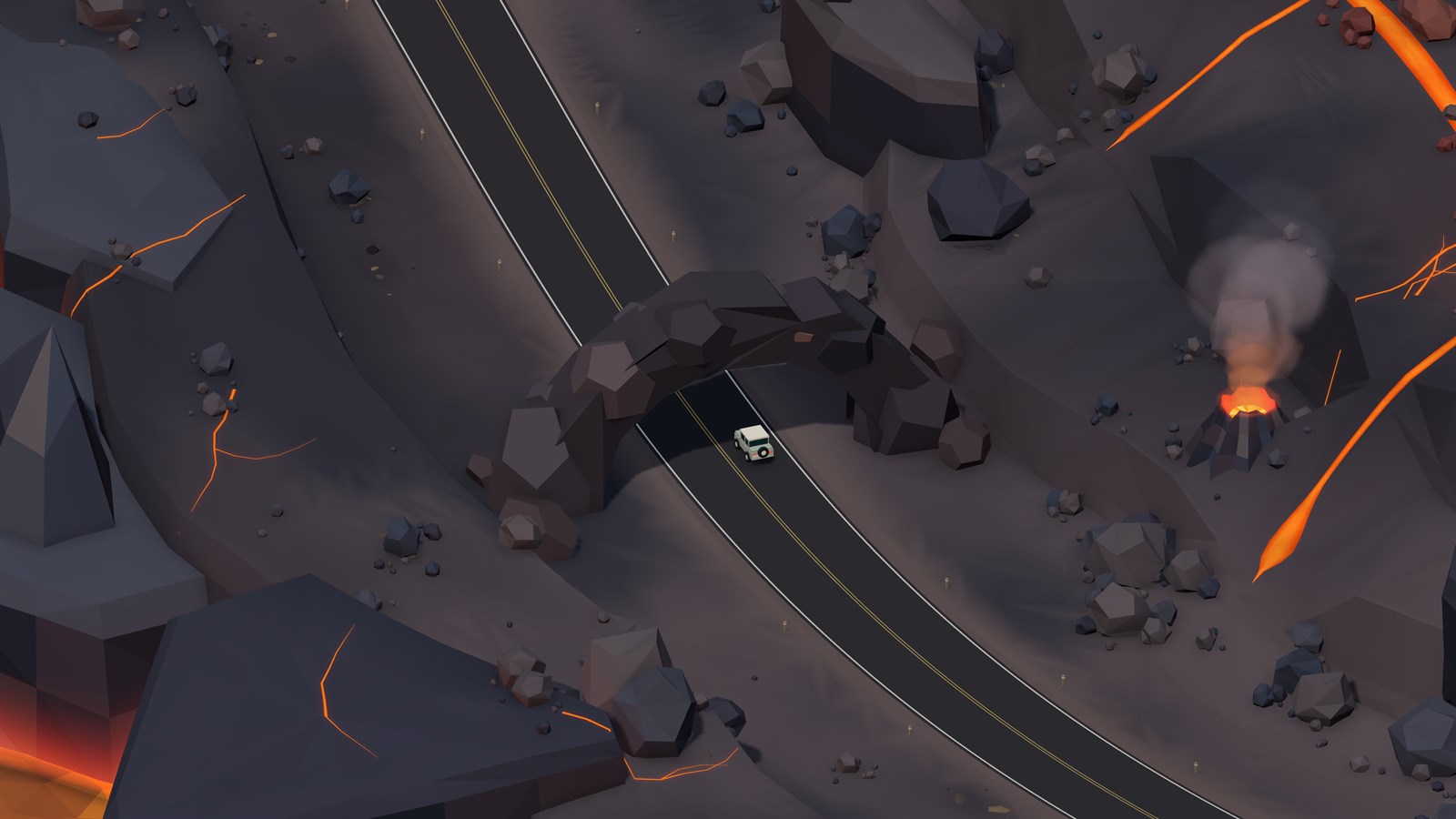 Car approaching a basalt arch surrounded by volcanic lava flows
