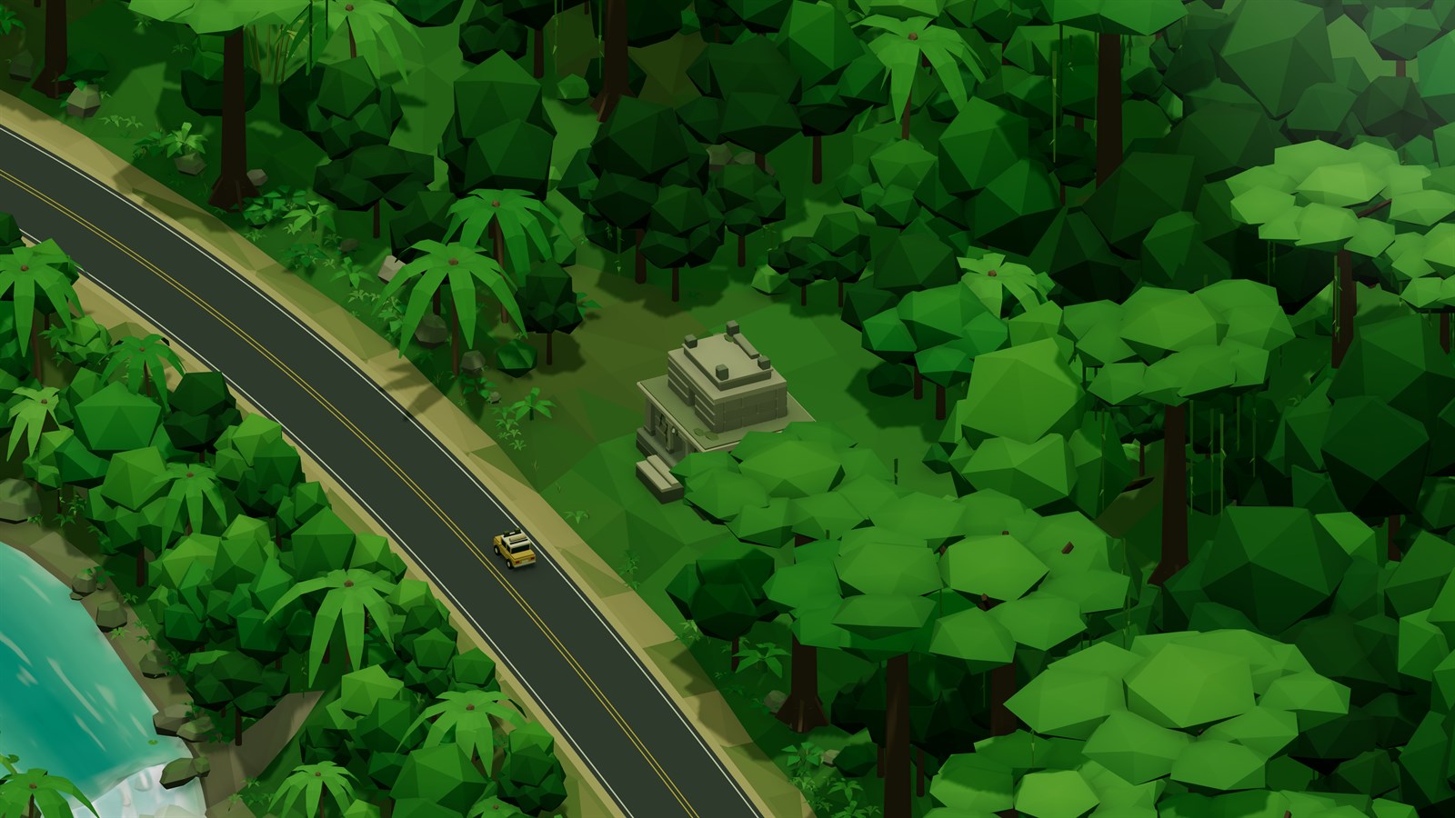 Stone temple beside a road in the emerald jungle