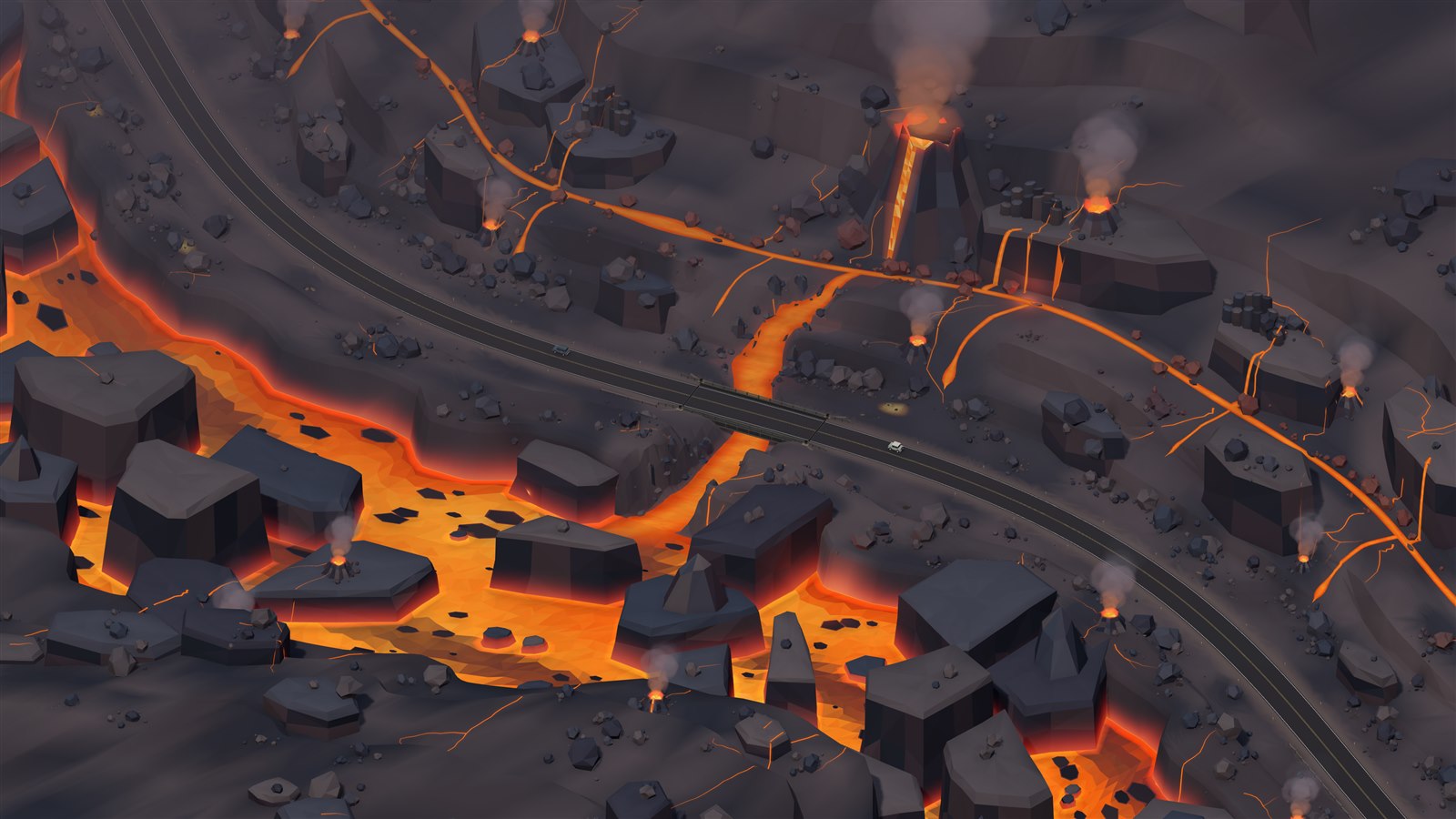 Road and bridge through a volcanic landscape