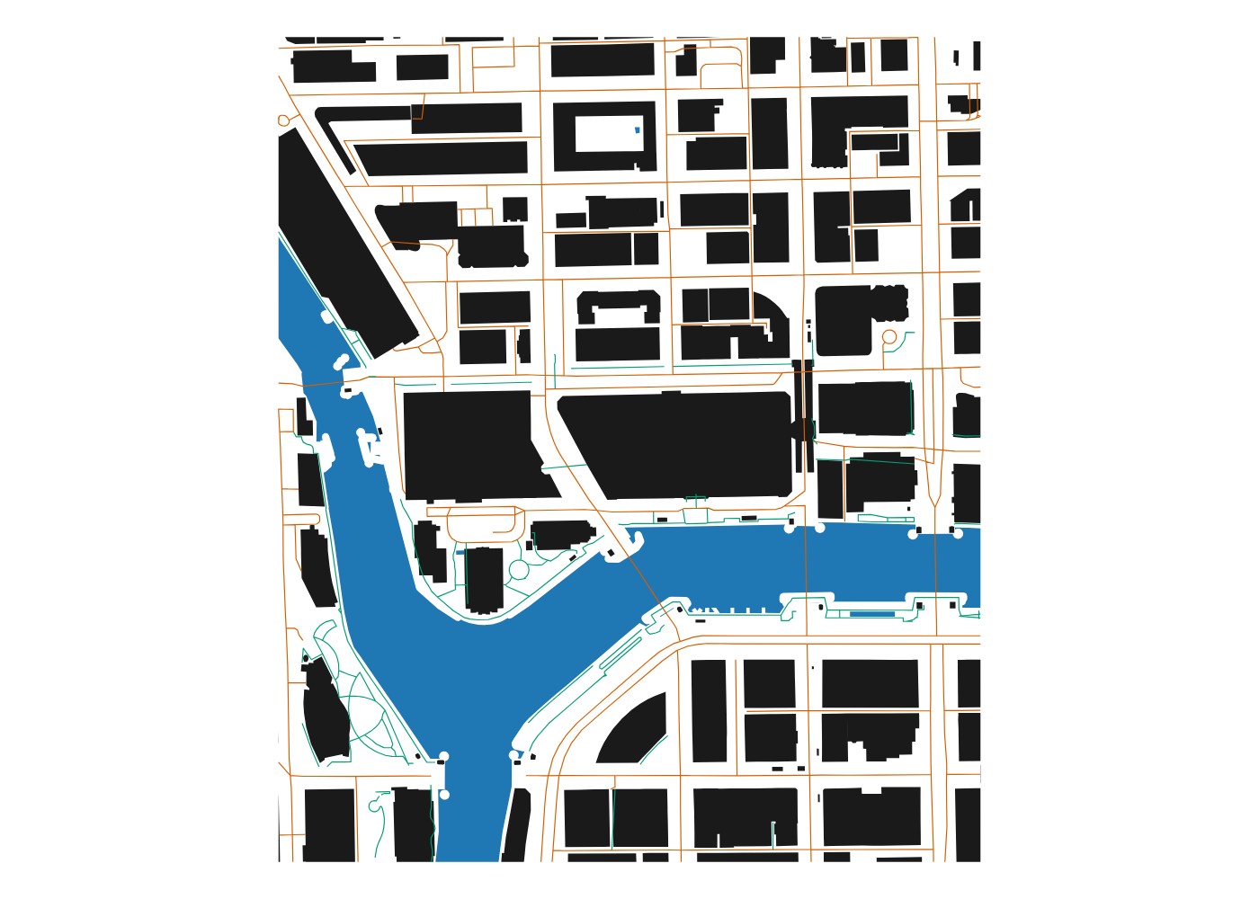 Detail of the Chicago River and surrounding building footprints