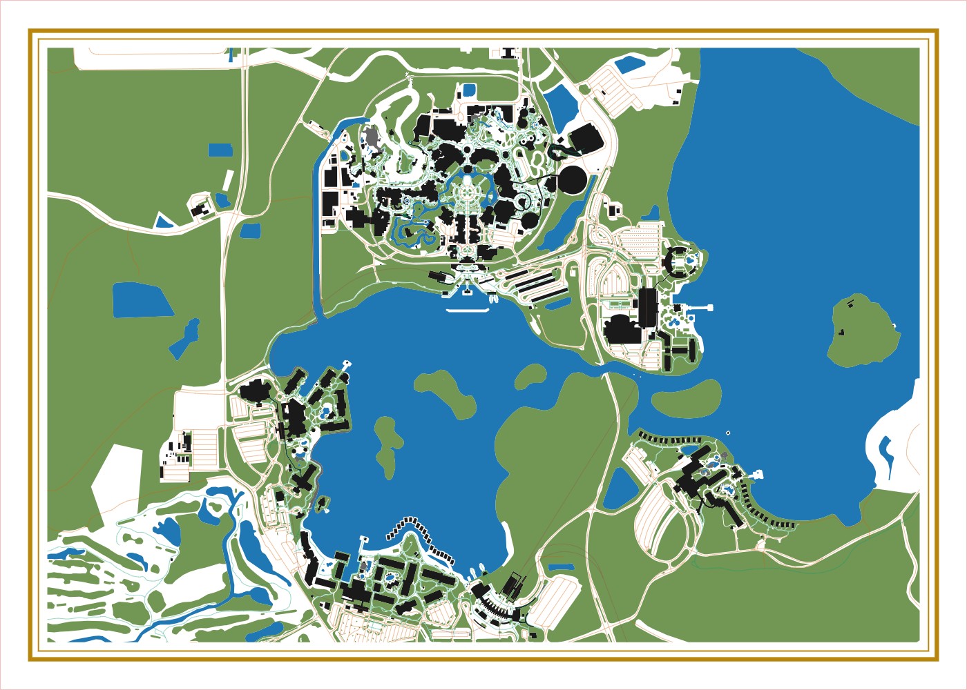 Walt Disney World map with water, buildings, paths, and greenery layers